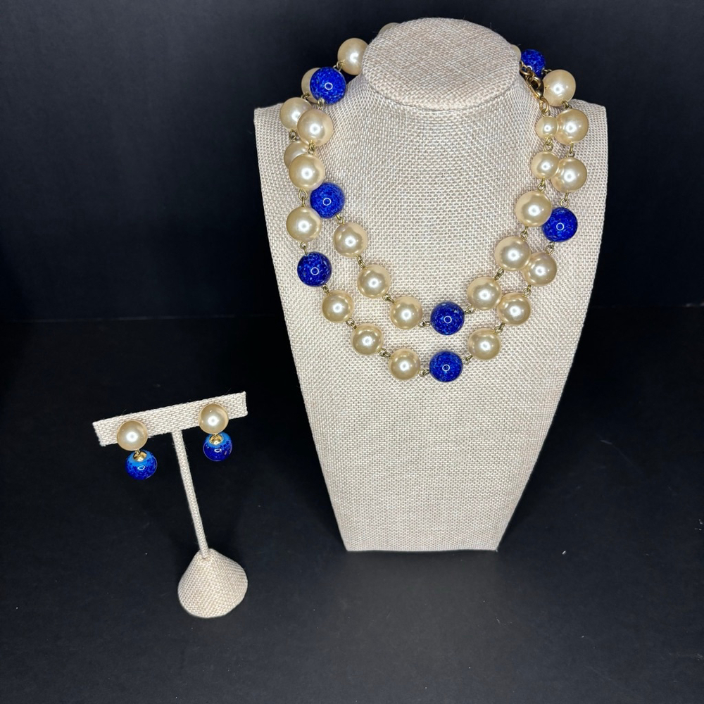 Cream & Blue Pearl Beaded Necklace & Earring Set
